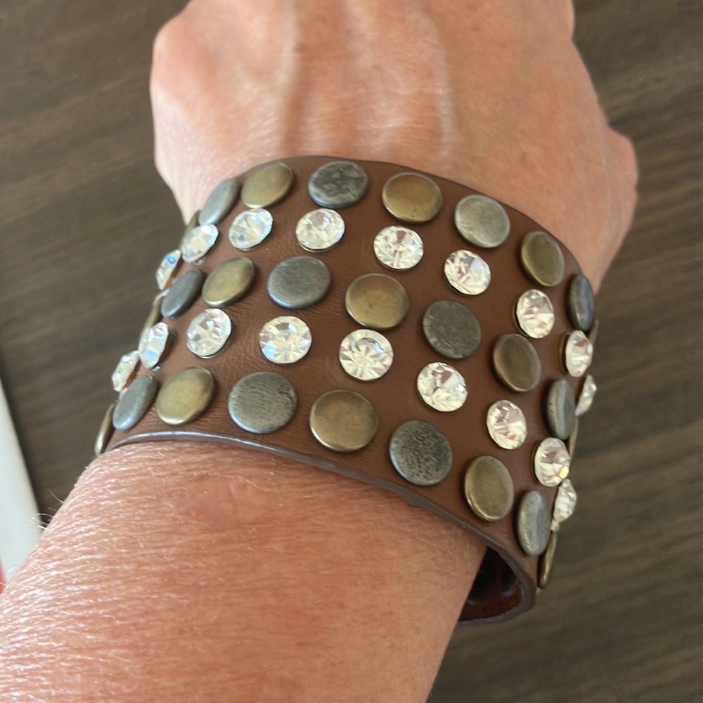 Y2K Leather Studded Crystal Cuff Bracelet Boho Wide Snap Closure  6”- 6.5” wrist